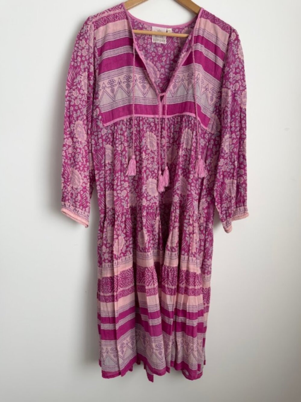 Blue Boheme Pink Printed Cotton Gauze Tiered Boho Midi Dress S/M